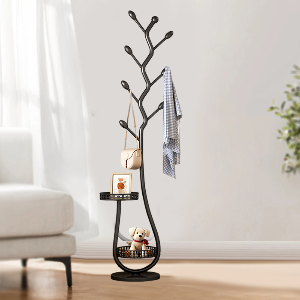 Metal Coat Rack Carbon Steel Coat Tree with 2 Storage Tray Freestanding Coat Rack Multi-Function Clothes Hanging Organizer Heavy Duty for Hats Coats Scarves Handbag