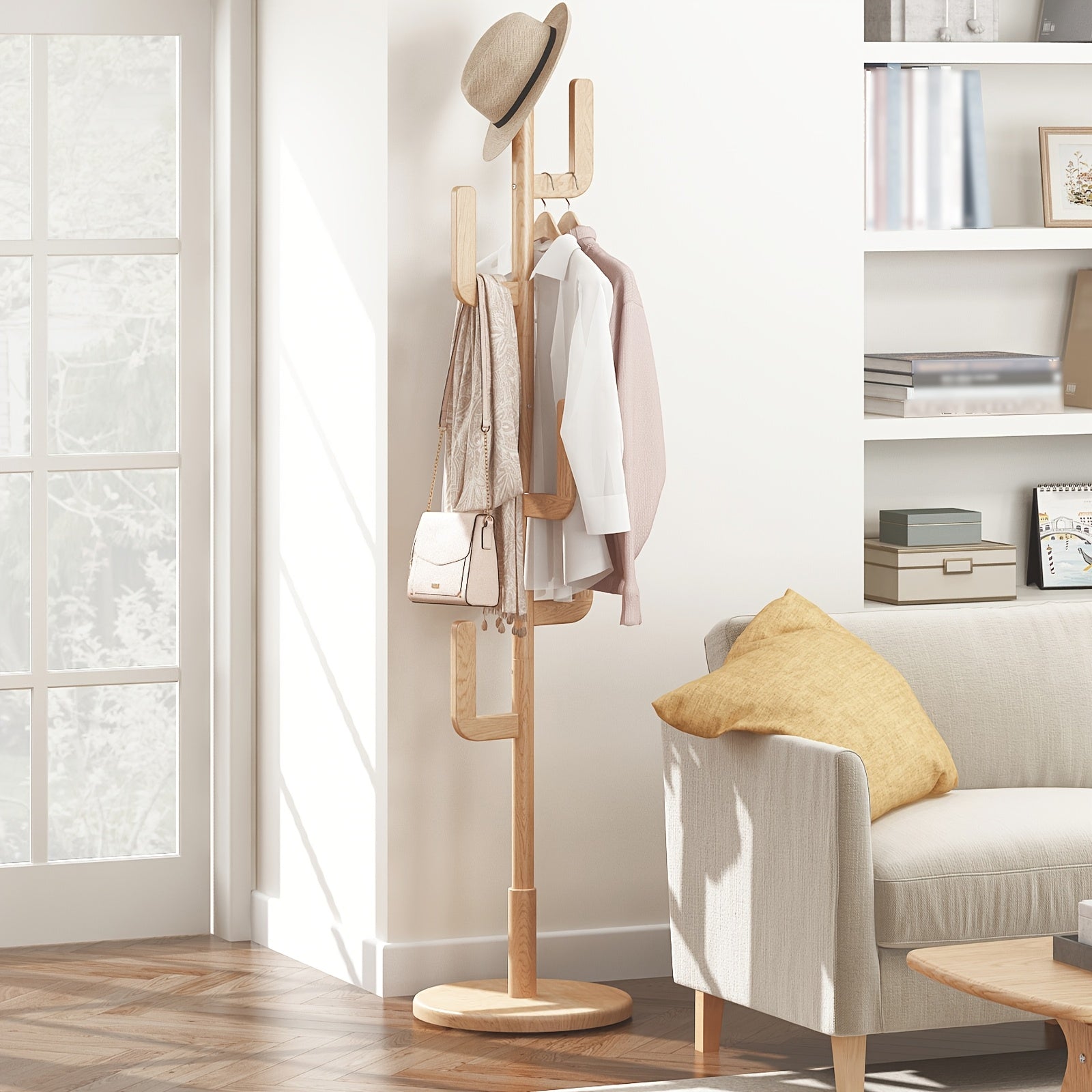 A Coat Stand Made of Solid Wood Shaped Like a Cactus, Featuring Six L-Shaped Hooks And Three Adjustable Heights. This Sturdy And Easy-To-Assemble Coat Tree Is Perfect for Your Entryway Or Bedroom, Ideal for Christmas Gifts And Black Friday Deals