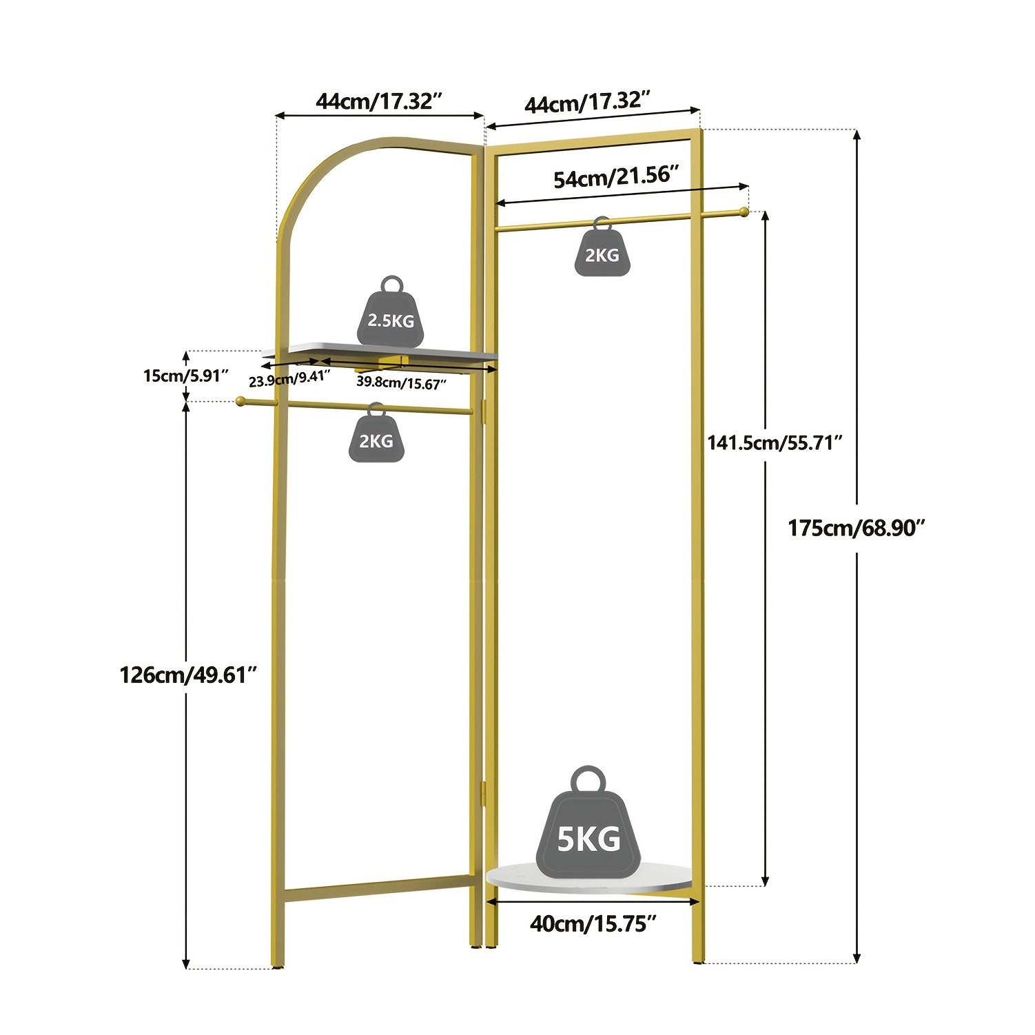 AESOME Heavy Duty Corner Golden Metal Clothing Racks Freestanding Clothes Racks Coat Rack With 2 Shelves Angle Adjustable Design Unique Garment Racks Display Racks For Hanging Clothes