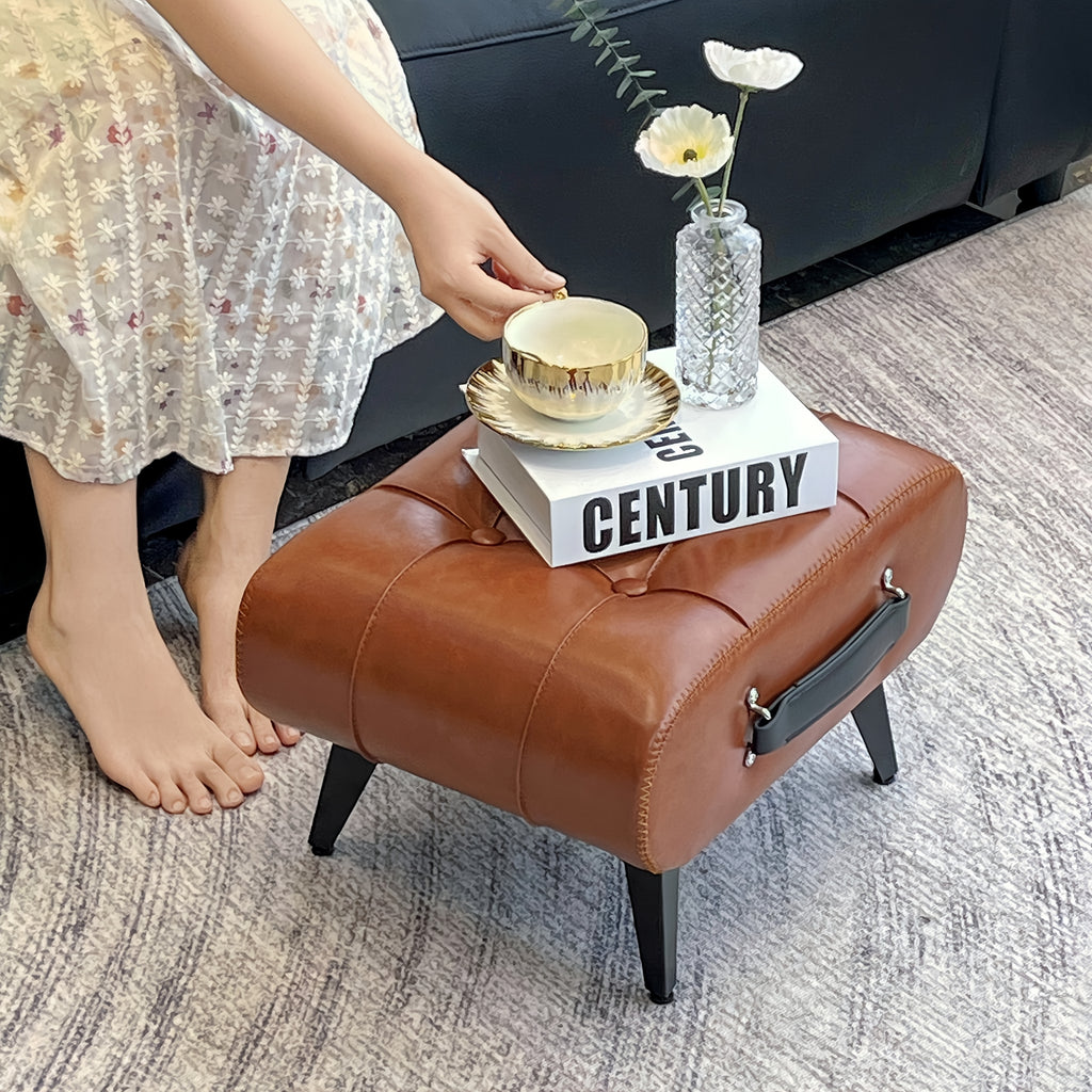 Wax Faux Leather Simulation Stool, Home  Square Stool, Picnic Stool, Faux Leather Hallway Stool, Luxurious Smooth Faux Leather Footstool, Modern Minimalist Black Synthetic Faux Leather Stool,  Brown Shoe Changing Stool