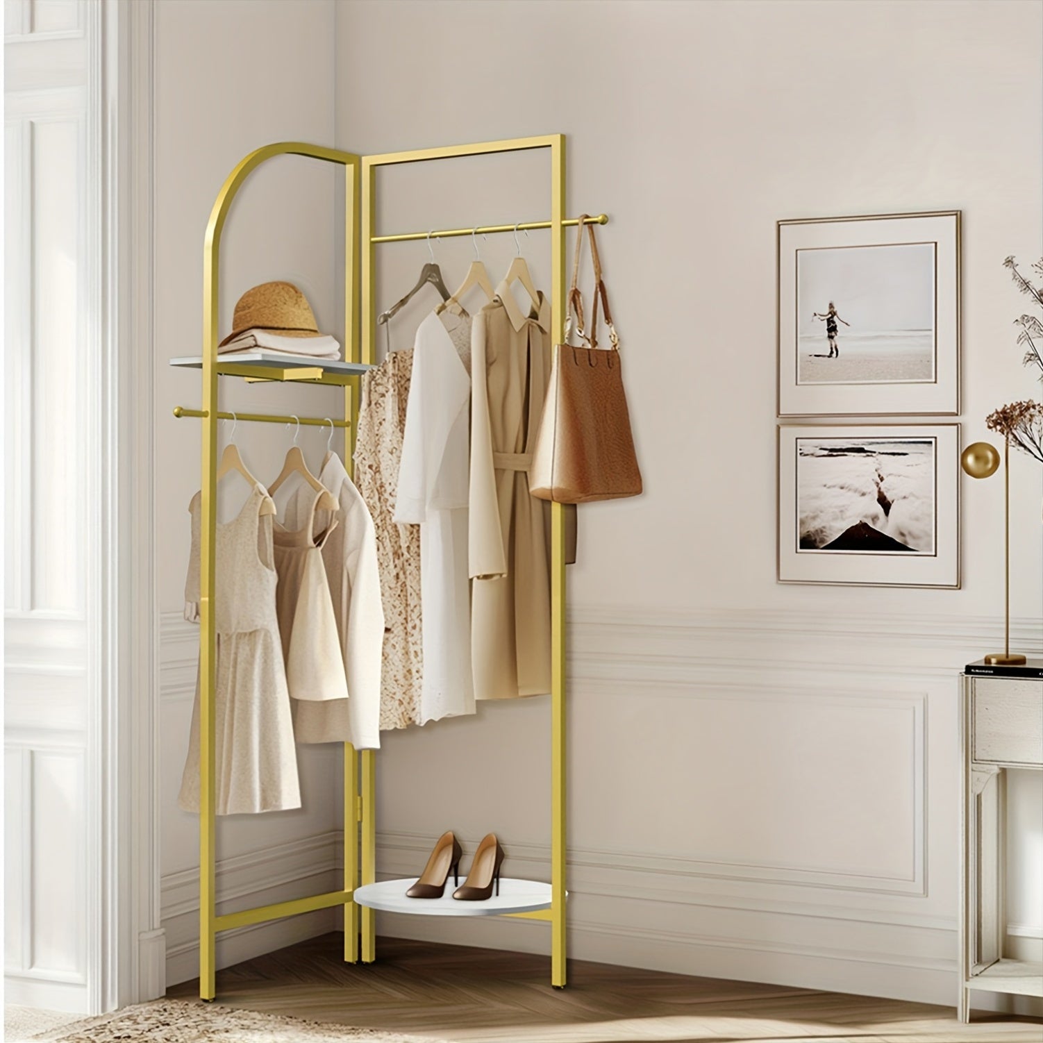 AESOME Heavy Duty Corner Golden Metal Clothing Racks Freestanding Clothes Racks Coat Rack With 2 Shelves Angle Adjustable Design Unique Garment Racks Display Racks For Hanging Clothes