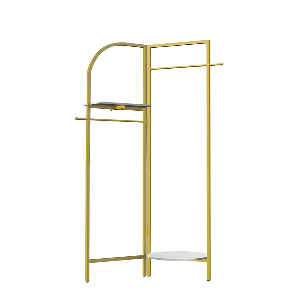 AESOME Heavy Duty Corner Golden Metal Clothing Racks Freestanding Clothes Racks Coat Rack With 2 Shelves Angle Adjustable Design Unique Garment Racks Display Racks For Hanging Clothes