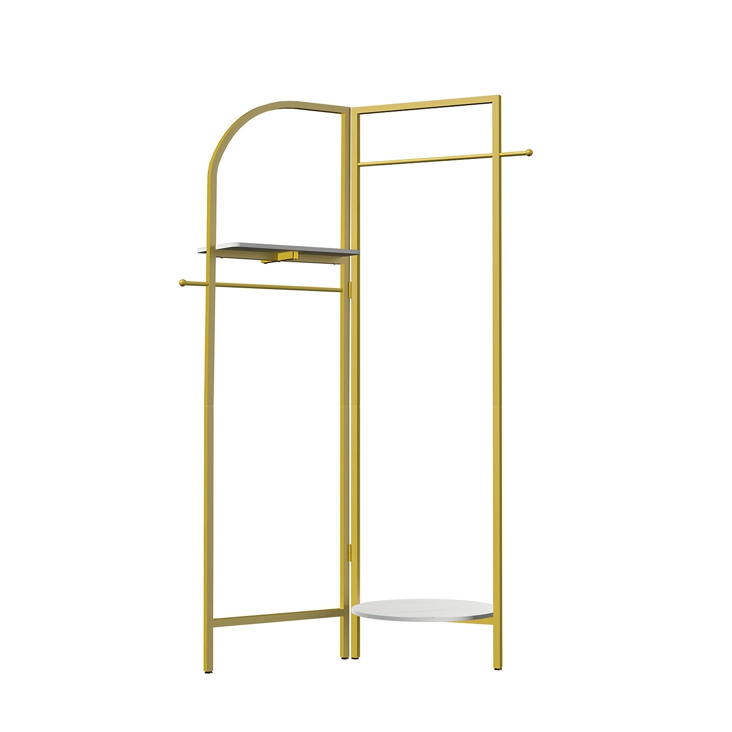 AESOME Heavy Duty Corner Golden Metal Clothing Racks Freestanding Clothes Racks Coat Rack With 2 Shelves Angle Adjustable Design Unique Garment Racks Display Racks For Hanging Clothes