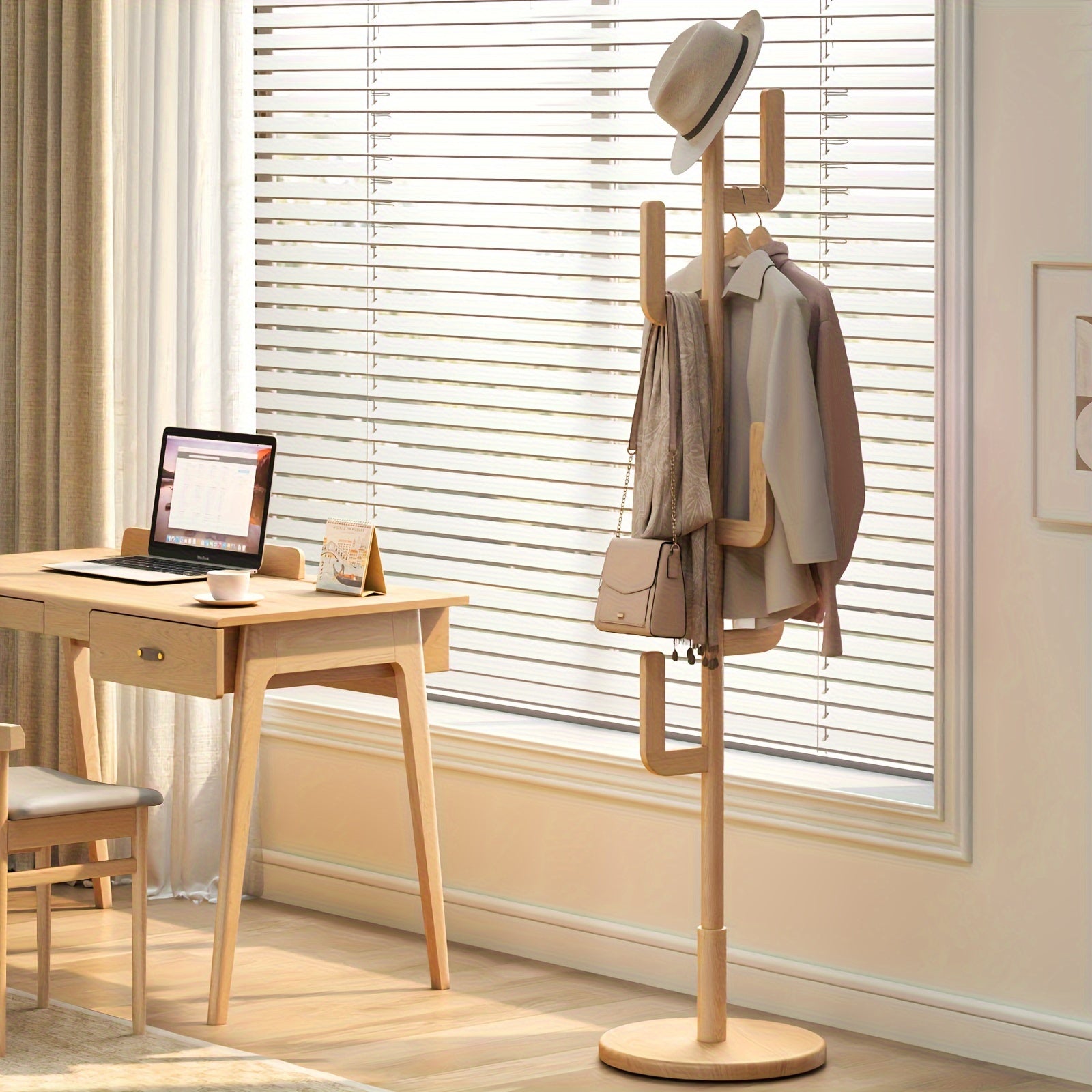 A Coat Stand Made of Solid Wood Shaped Like a Cactus, Featuring Six L-Shaped Hooks And Three Adjustable Heights. This Sturdy And Easy-To-Assemble Coat Tree Is Perfect for Your Entryway Or Bedroom, Ideal for Christmas Gifts And Black Friday Deals