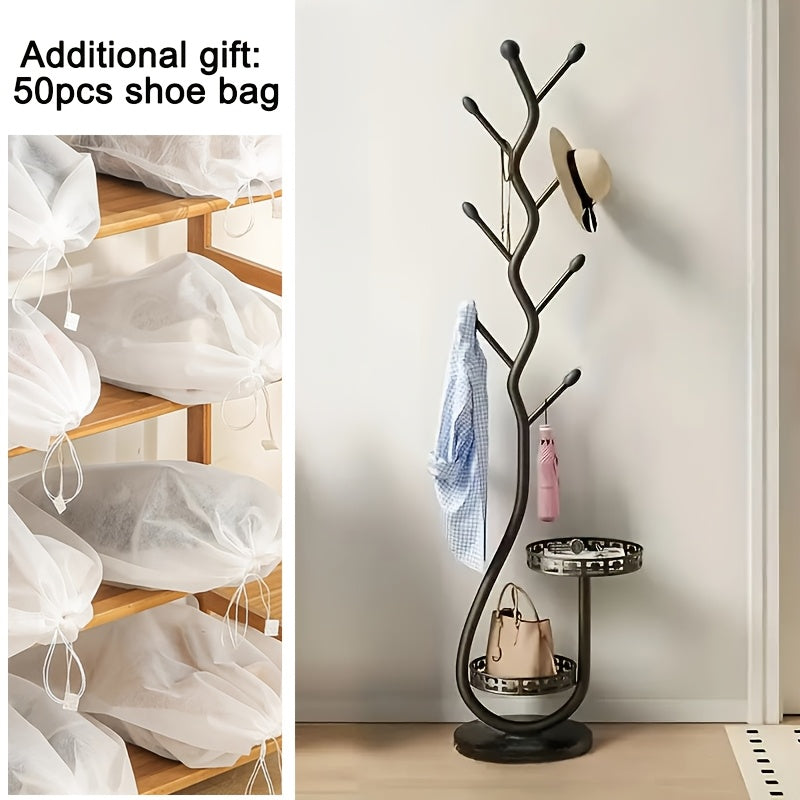 1pc Elegant Freestanding Metal Clothes Rack with Shelf - Multifunctional Vertical Garment Organizer, Mobile Design for Home Organization - Ideal for Coats, Hats, Scarves And More