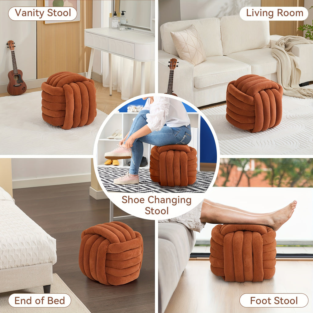 Modern Chenille Fabric Knotted Ottoman Footrest - Orange Plush Stool with Hardwood Frame, Freestanding Compact Design (\u003C27\