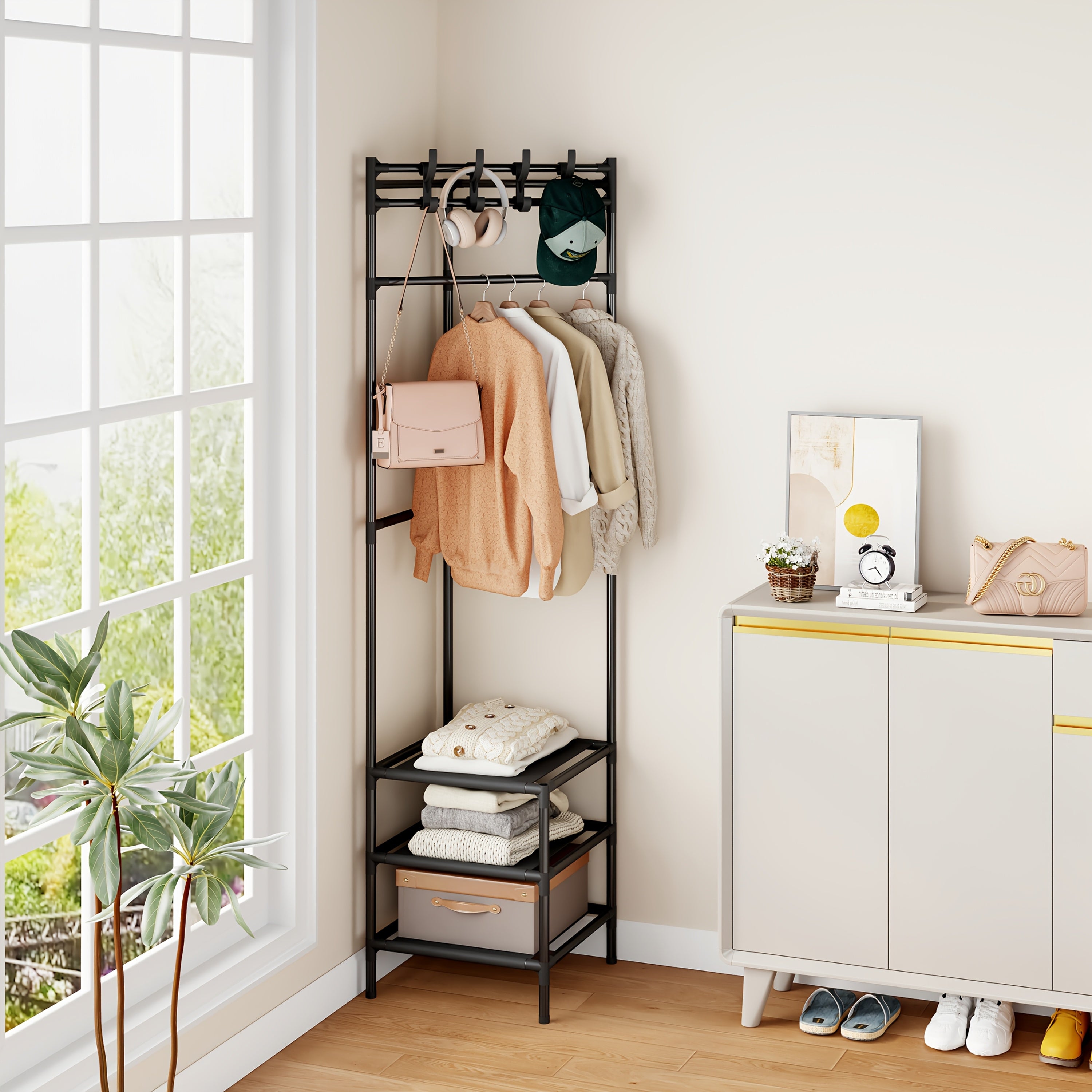 Space Magic Item! Must-Have for Small-Sized Living Rooms\u002FStorage Areas. Multi-Functional Corner Coat Rack with Upper Layer for Hanging Clothes And Lower Layer for Storage. Easy And Stylish Appearance, Perfect for Those Who Love Organizing