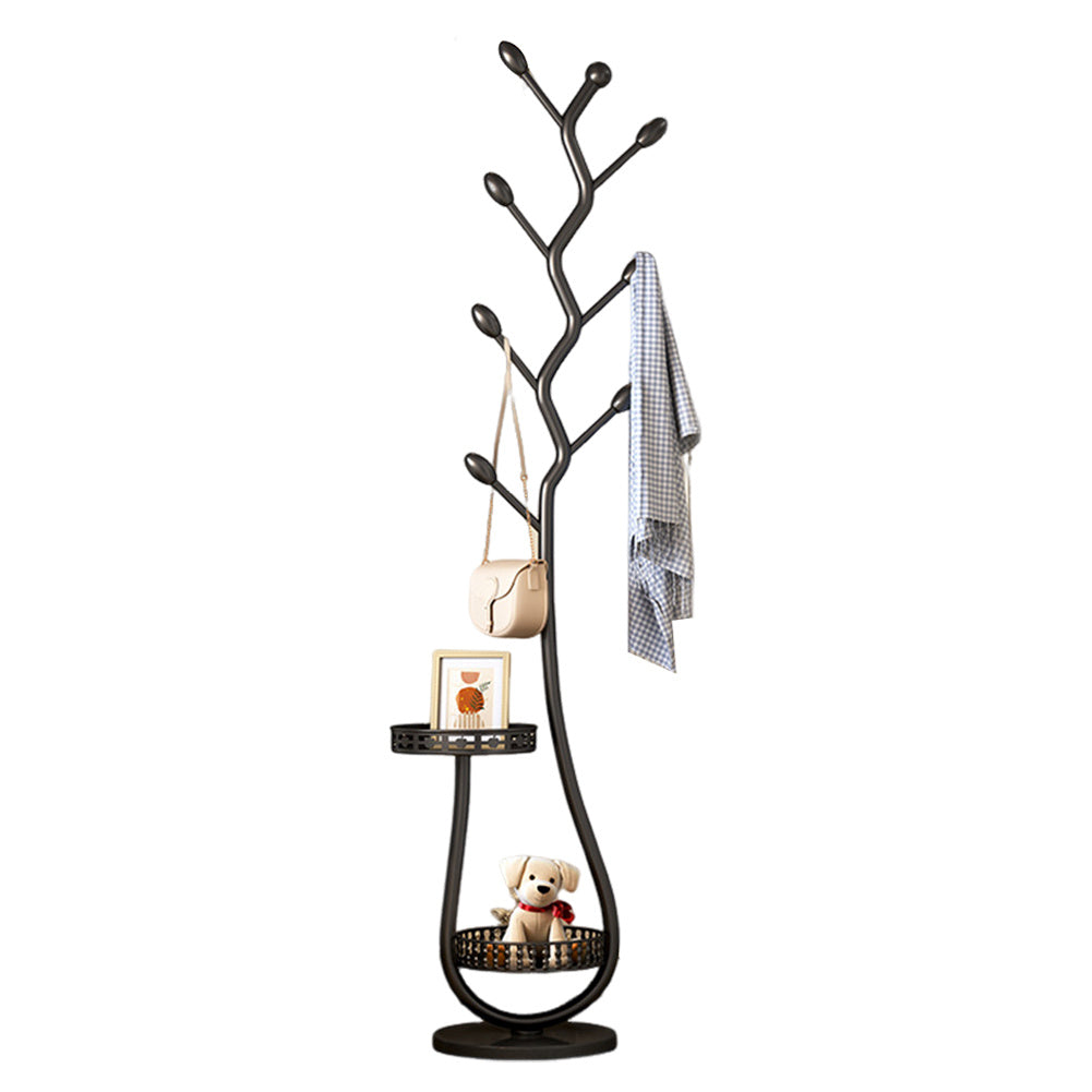 Metal Coat Rack Carbon Steel Coat Tree with 2 Storage Tray Freestanding Coat Rack Multi-Function Clothes Hanging Organizer Heavy Duty for Hats Coats Scarves Handbag