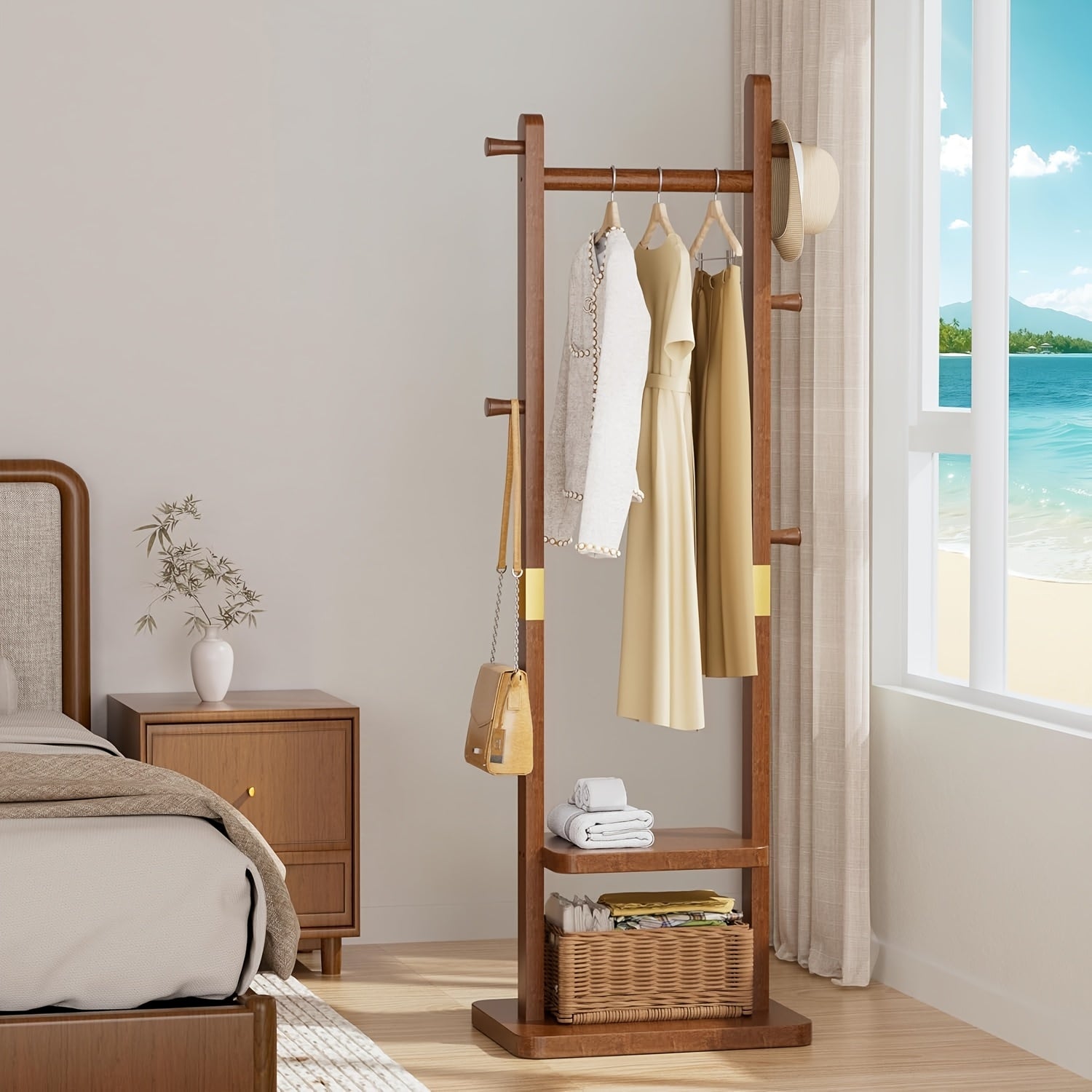 Heavy-Duty Solid Rubberwood Coat Rack Freestanding with Wheels - Wide Base Shoe Storage Suitable for Entryway, Bedroom, Living Room - Portable Clothing Rack with Shelves & Hooks, Assembly, Wood Color (Walnut)