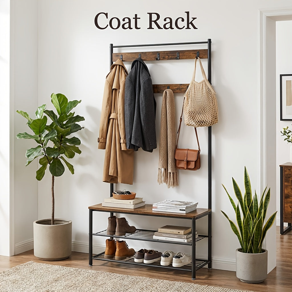 Industrial Coat Rack Hall Tree with Shoe Storage Bench, 3-in-1 Entryway Organizer for Clothes & Shoes, Steel Frame Space Saving Storage