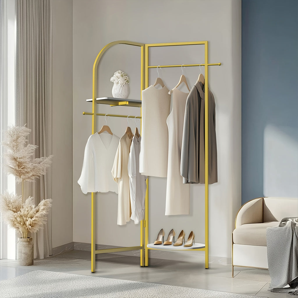 AESOME Heavy Duty Corner Golden Metal Clothing Racks Freestanding Clothes Racks Coat Rack With 2 Shelves Angle Adjustable Design Unique Garment Racks Display Racks For Hanging Clothes