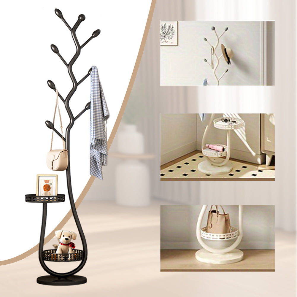 Metal Coat Rack Carbon Steel Coat Tree with 2 Storage Tray Freestanding Coat Rack Multi-Function Clothes Hanging Organizer Heavy Duty for Hats Coats Scarves Handbag