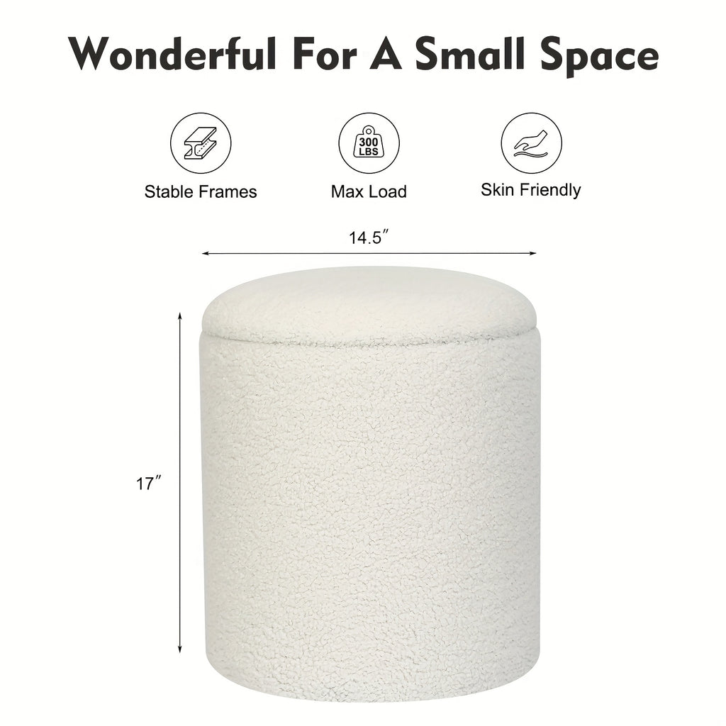 Small Round Storage Ottoman with Lid - Teddy Velvet Upholstered Footstool Suitable for Living Room, Compact Footrest with Hidden Storage, Cushioned & Frame for Bedside,, Small Spaces - Modern Multi-Use Ottomans