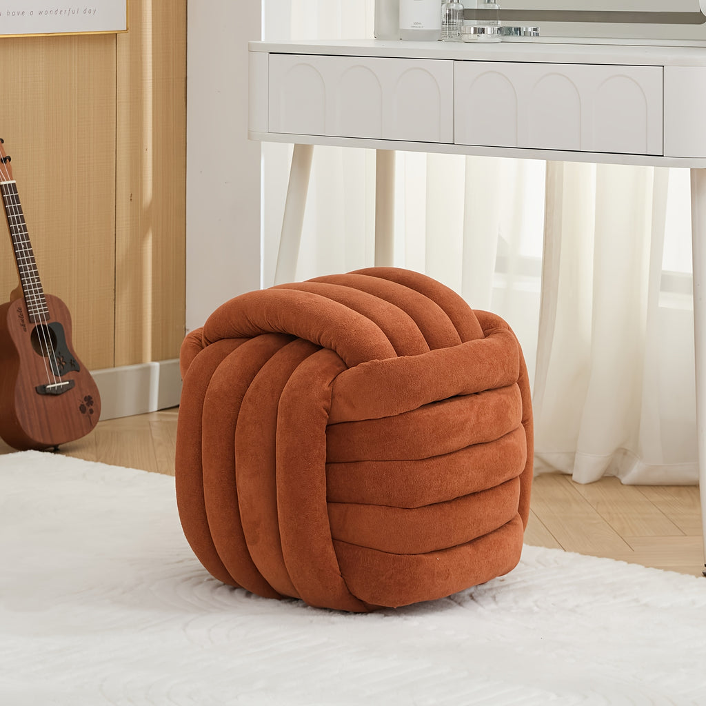 Modern Chenille Fabric Knotted Ottoman Footrest - Orange Plush Stool with Hardwood Frame, Freestanding Compact Design (\u003C27\