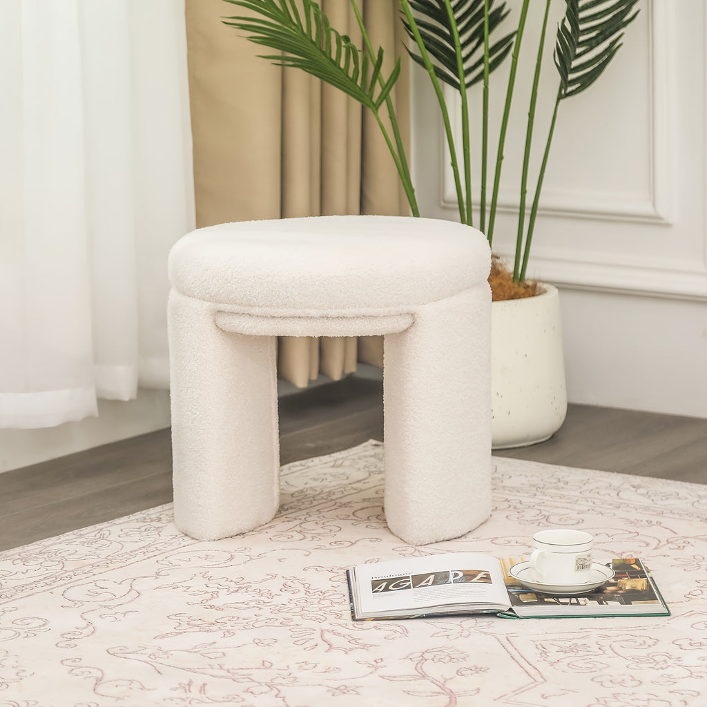 Boucle Ottoman, Round Sherpa Vanity Stool Chair, Small Upholstered Modern Teddy Footstool for Makeup, Living Room, Entryway, Bedroom, Entryway Furniture, Cozy Footrest, Upholstered Chair, Modern Design, Soft Upholstery, Sherpa Fabric, Decorative