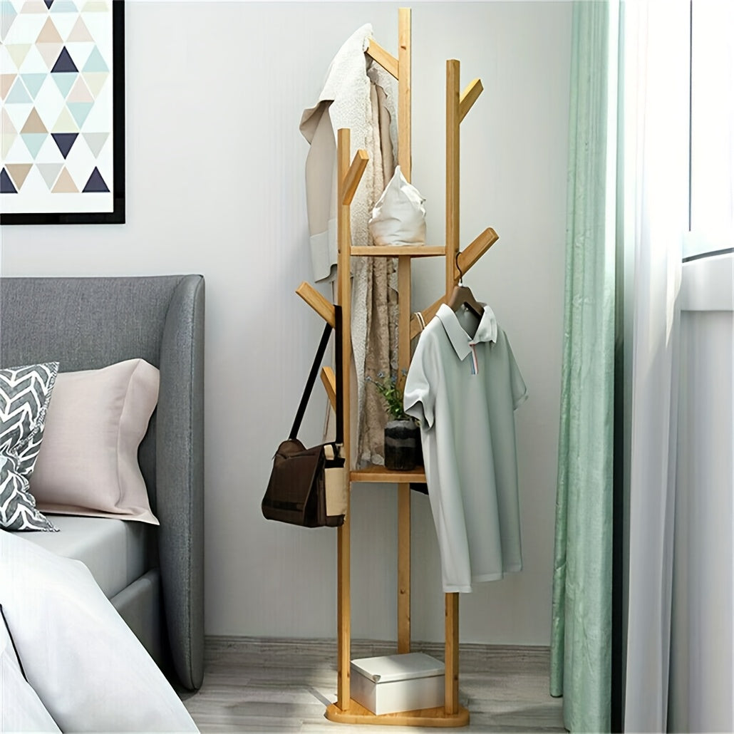 Bamboo Freestanding Coat Rack with 9 Hooks and 3 Storage Shelves, Easy Assembly Rotary Tree Stand for Entryway - Natural Wood Color