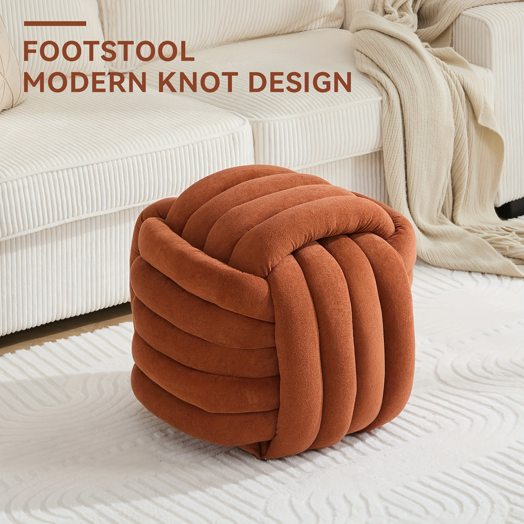 Modern Chenille Fabric Knotted Ottoman Footrest - Orange Plush Stool with Hardwood Frame, Freestanding Compact Design (\u003C27\
