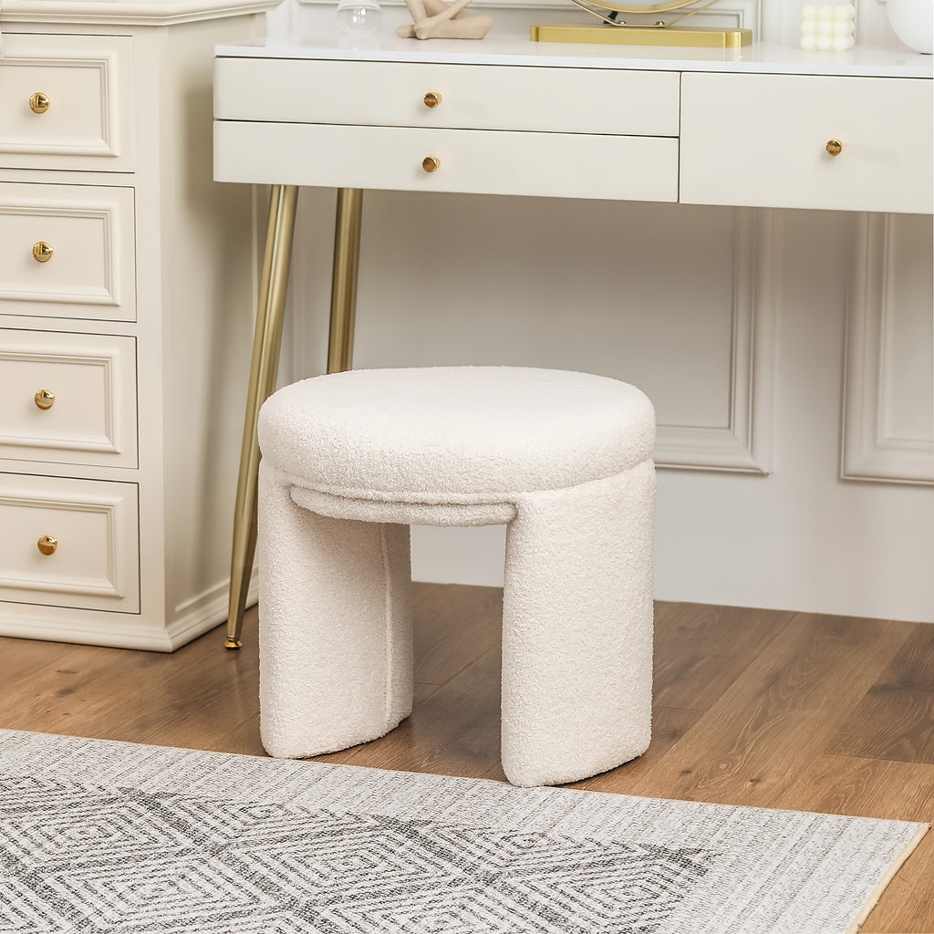 Boucle Ottoman, Round Sherpa Vanity Stool Chair, Small Upholstered Modern Teddy Footstool for Makeup, Living Room, Entryway, Bedroom, Entryway Furniture, Cozy Footrest, Upholstered Chair, Modern Design, Soft Upholstery, Sherpa Fabric, Decorative
