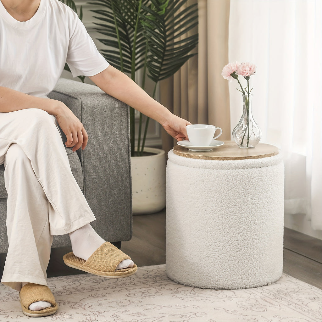 Small Round Storage Ottoman with Lid - Teddy Velvet Upholstered Footstool Suitable for Living Room, Compact Footrest with Hidden Storage, Cushioned & Frame for Bedside,, Small Spaces - Modern Multi-Use Ottomans