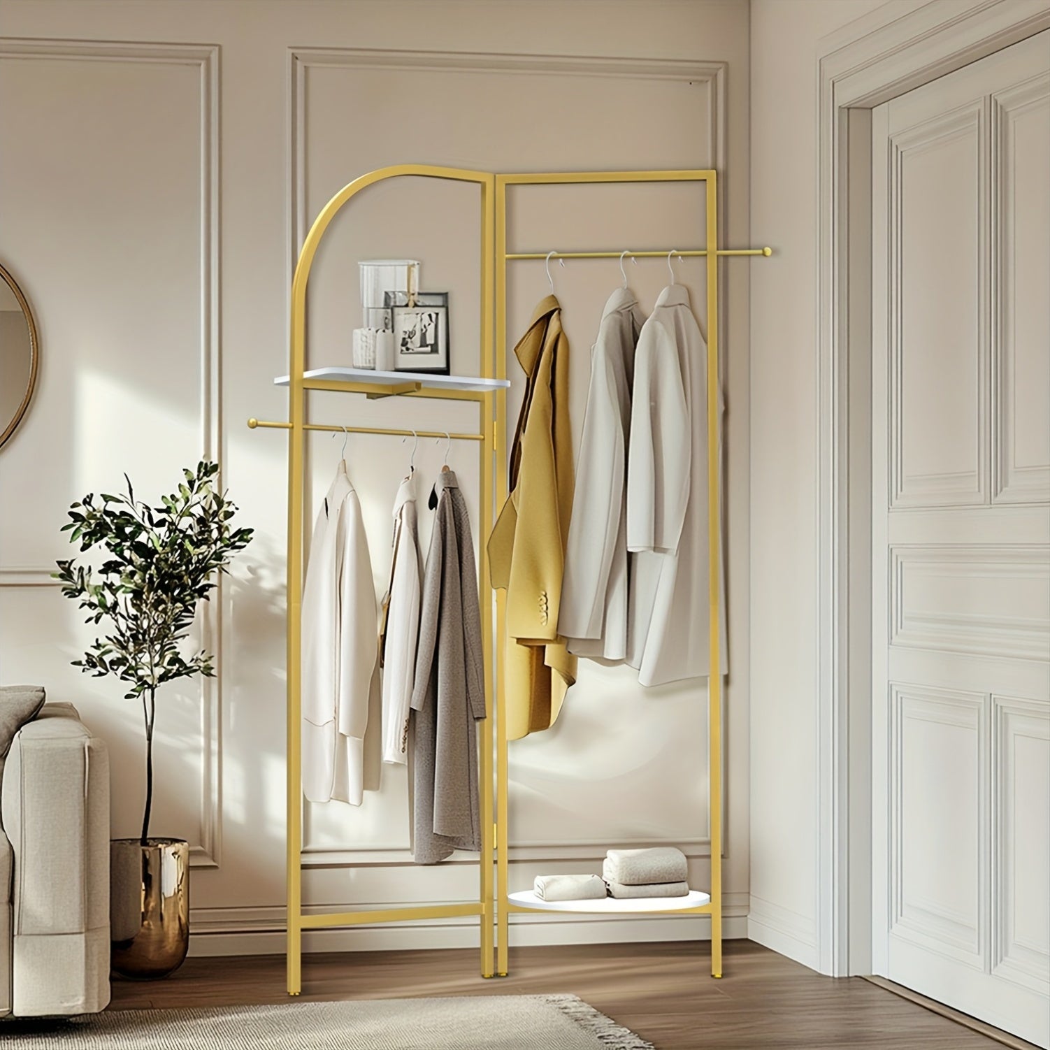 AESOME Heavy Duty Corner Golden Metal Clothing Racks Freestanding Clothes Racks Coat Rack With 2 Shelves Angle Adjustable Design Unique Garment Racks Display Racks For Hanging Clothes