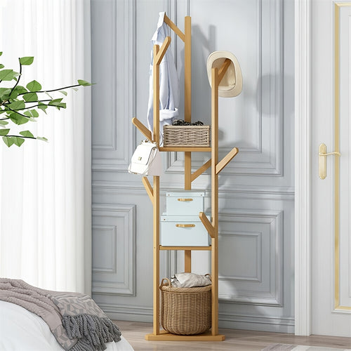 Bamboo Freestanding Coat Rack with 9 Hooks and 3 Storage Shelves, Easy Assembly Rotary Tree Stand for Entryway - Natural Wood Color
