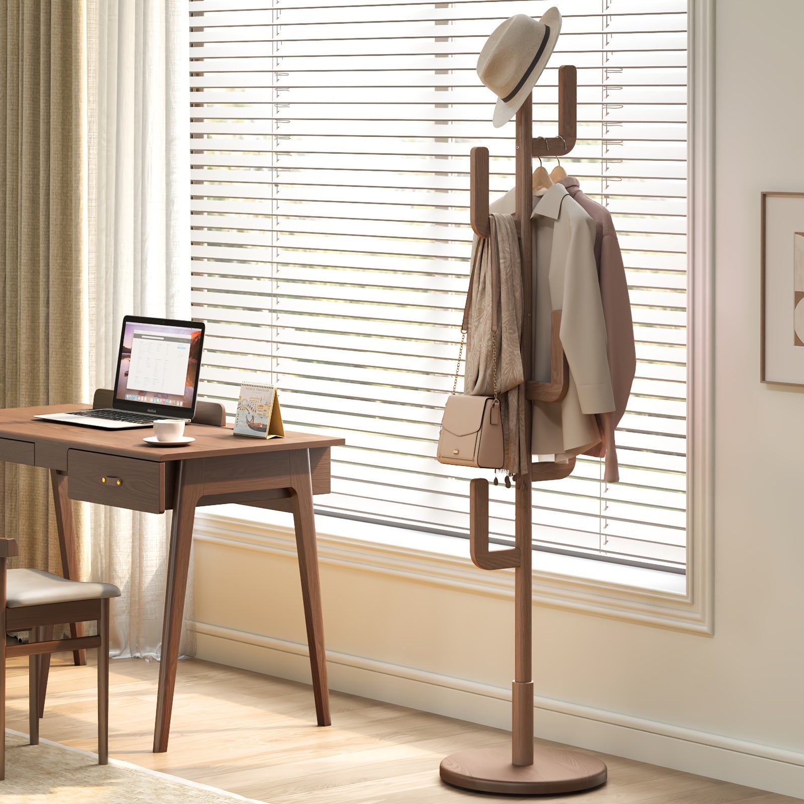 A Coat Stand Made of Solid Wood Shaped Like a Cactus, Featuring Six L-Shaped Hooks And Three Adjustable Heights. This Sturdy And Easy-To-Assemble Coat Tree Is Perfect for Your Entryway Or Bedroom, Ideal for Christmas Gifts And Black Friday Deals