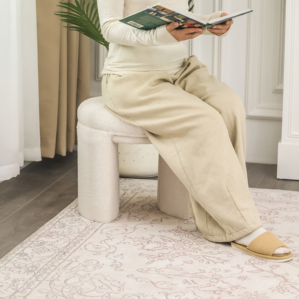 Boucle Ottoman, Round Sherpa Vanity Stool Chair, Small Upholstered Modern Teddy Footstool for Makeup, Living Room, Entryway, Bedroom, Entryway Furniture, Cozy Footrest, Upholstered Chair, Modern Design, Soft Upholstery, Sherpa Fabric, Decorative