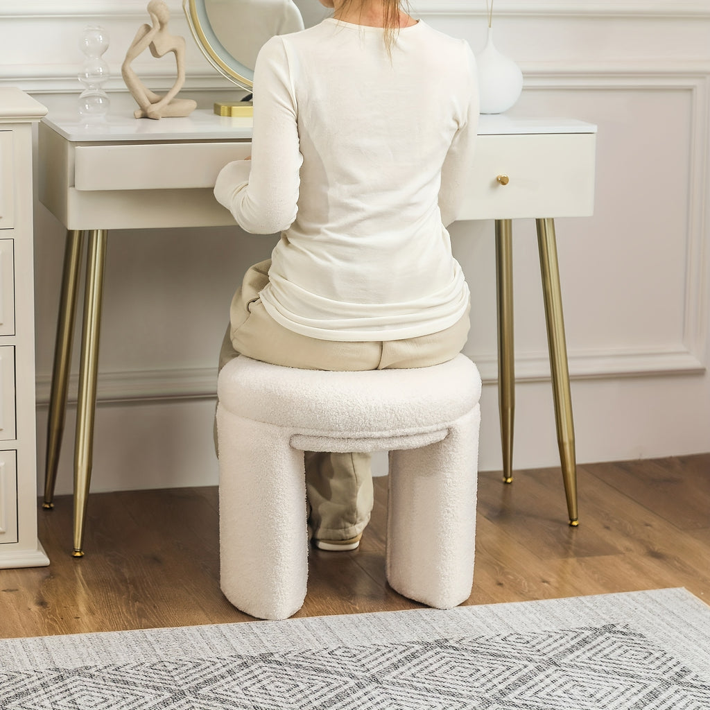 Boucle Ottoman, Round Sherpa Vanity Stool Chair, Small Upholstered Modern Teddy Footstool for Makeup, Living Room, Entryway, Bedroom, Entryway Furniture, Cozy Footrest, Upholstered Chair, Modern Design, Soft Upholstery, Sherpa Fabric, Decorative