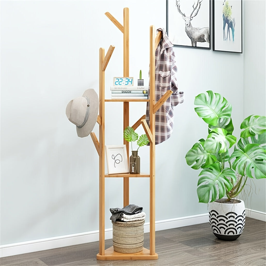 Bamboo Freestanding Coat Rack with 9 Hooks and 3 Storage Shelves, Easy Assembly Rotary Tree Stand for Entryway - Natural Wood Color