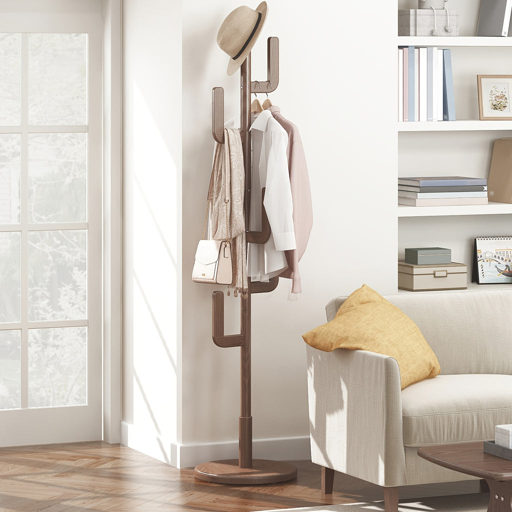A Coat Stand Made of Solid Wood Shaped Like a Cactus, Featuring Six L-Shaped Hooks And Three Adjustable Heights. This Sturdy And Easy-To-Assemble Coat Tree Is Perfect for Your Entryway Or Bedroom, Ideal for Christmas Gifts And Black Friday Deals