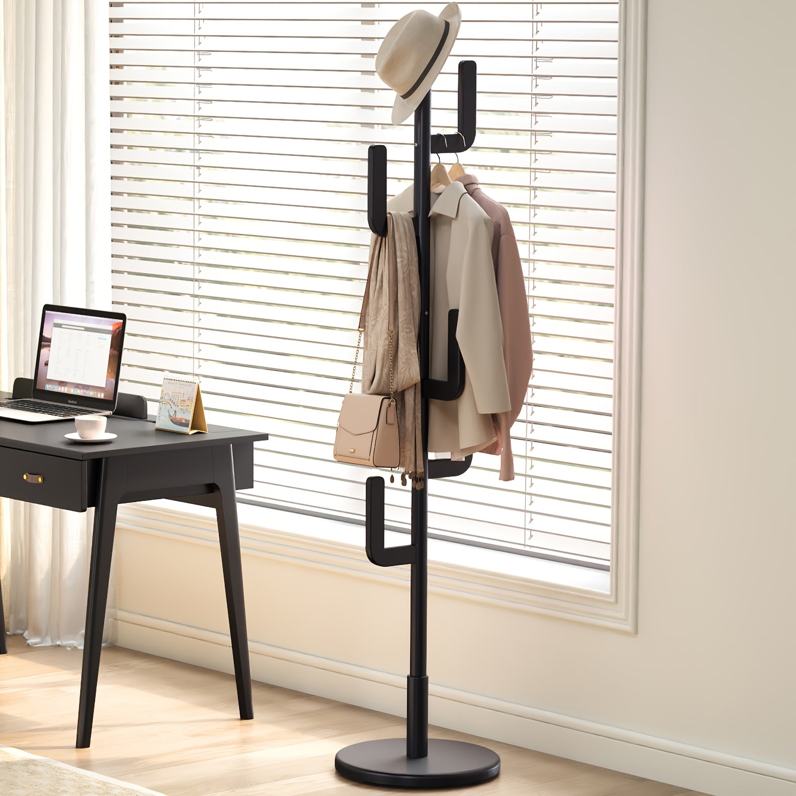 A Coat Stand Made of Solid Wood Shaped Like a Cactus, Featuring Six L-Shaped Hooks And Three Adjustable Heights. This Sturdy And Easy-To-Assemble Coat Tree Is Perfect for Your Entryway Or Bedroom, Ideal for Christmas Gifts And Black Friday Deals