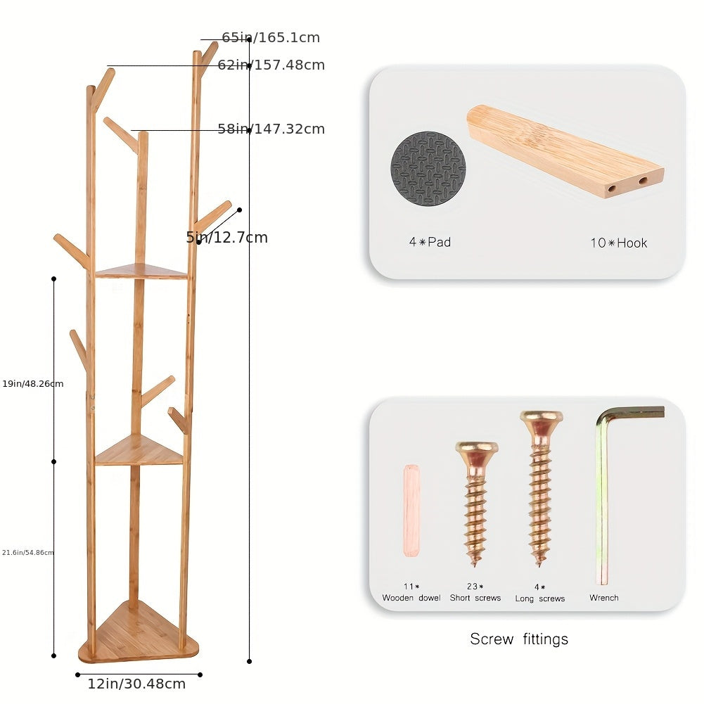 Bamboo Freestanding Coat Rack with 9 Hooks and 3 Storage Shelves, Easy Assembly Rotary Tree Stand for Entryway - Natural Wood Color