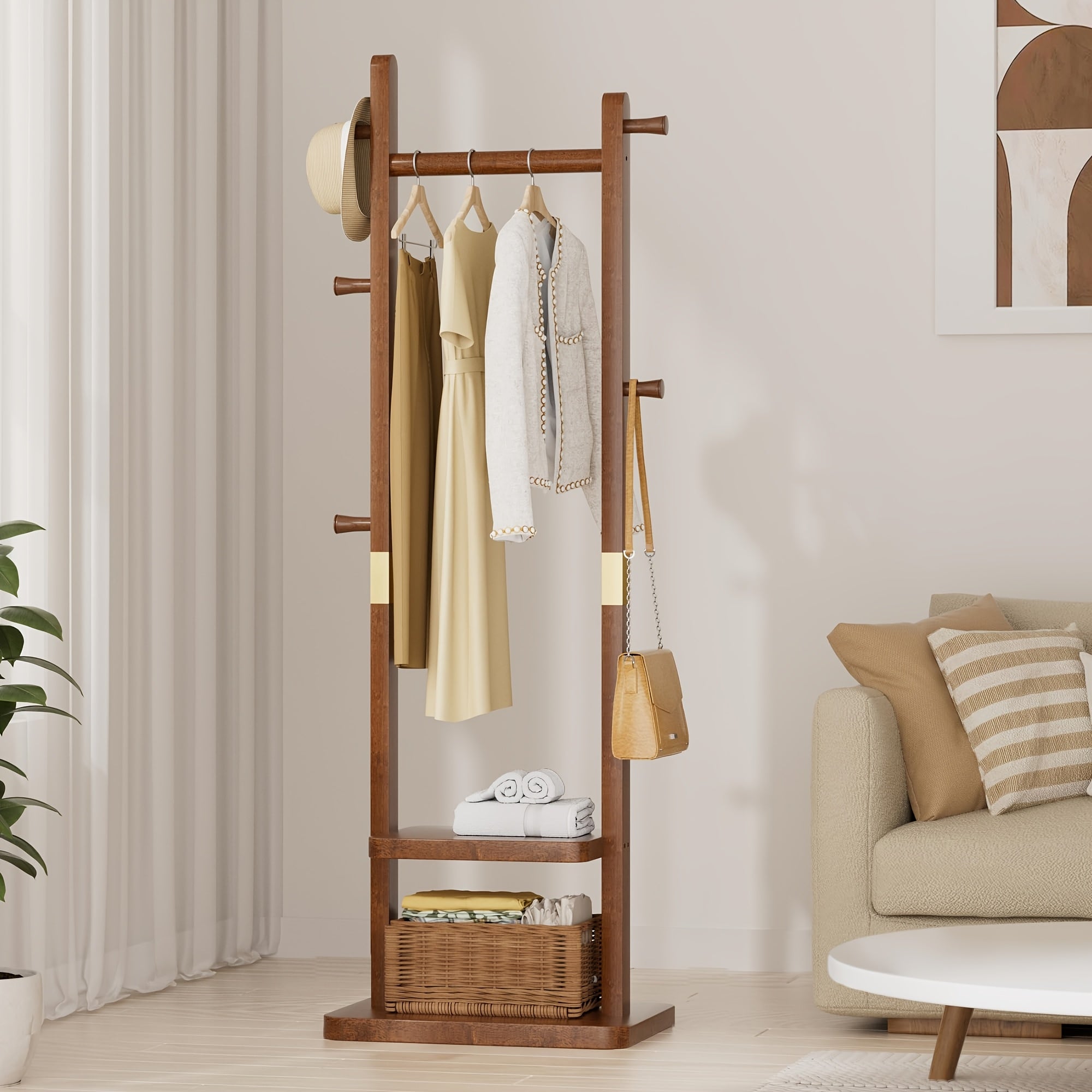 Heavy-Duty Solid Rubberwood Coat Rack Freestanding with Wheels - Wide Base Shoe Storage Suitable for Entryway, Bedroom, Living Room - Portable Clothing Rack with Shelves & Hooks, Assembly, Wood Color (Walnut)