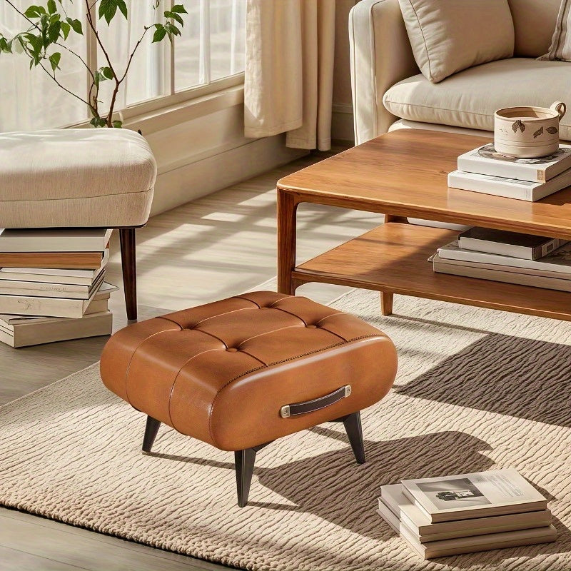 Wax Faux Leather Simulation Stool, Home  Square Stool, Picnic Stool, Faux Leather Hallway Stool, Luxurious Smooth Faux Leather Footstool, Modern Minimalist Black Synthetic Faux Leather Stool,  Brown Shoe Changing Stool