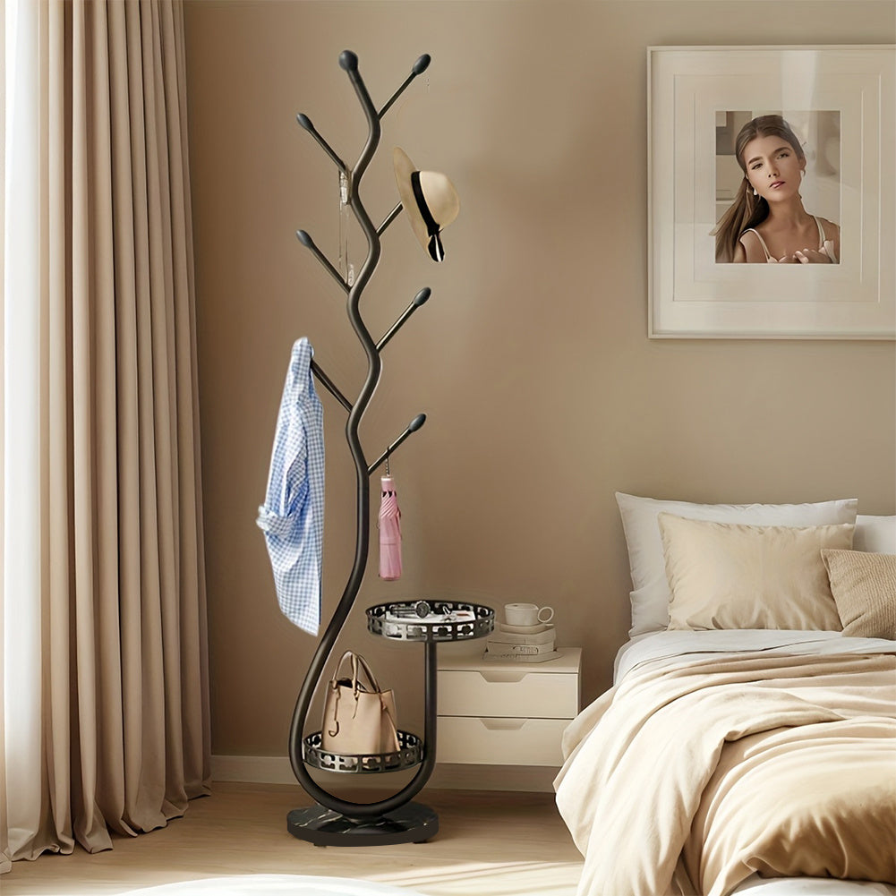 Metal Coat Rack Carbon Steel Coat Tree with 2 Storage Tray Freestanding Coat Rack Multi-Function Clothes Hanging Organizer Heavy Duty for Hats Coats Scarves Handbag