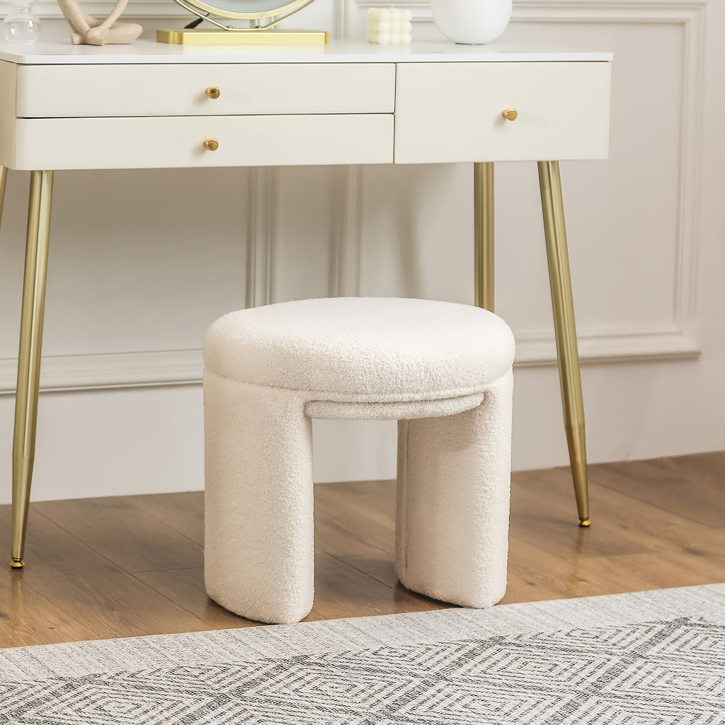 Boucle Ottoman, Round Sherpa Vanity Stool Chair, Small Upholstered Modern Teddy Footstool for Makeup, Living Room, Entryway, Bedroom, Entryway Furniture, Cozy Footrest, Upholstered Chair, Modern Design, Soft Upholstery, Sherpa Fabric, Decorative