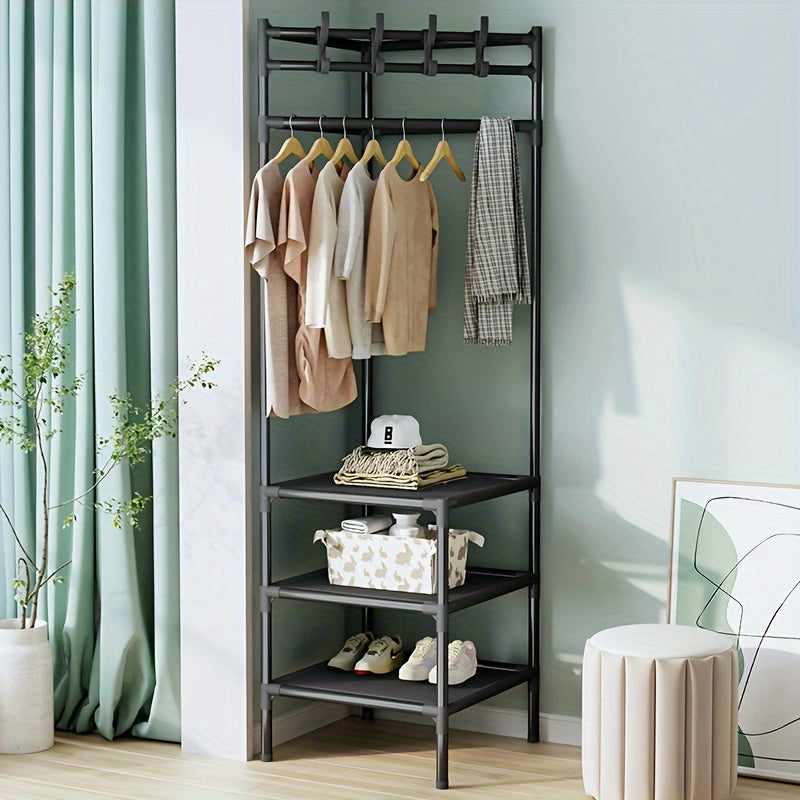 Space Magic Item! Must-Have for Small-Sized Living Rooms\u002FStorage Areas. Multi-Functional Corner Coat Rack with Upper Layer for Hanging Clothes And Lower Layer for Storage. Easy And Stylish Appearance, Perfect for Those Who Love Organizing