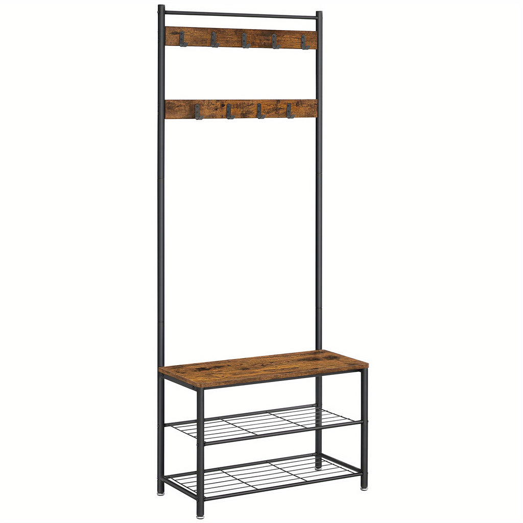 Industrial Coat Rack Hall Tree with Shoe Storage Bench, 3-in-1 Entryway Organizer for Clothes & Shoes, Steel Frame Space Saving Storage