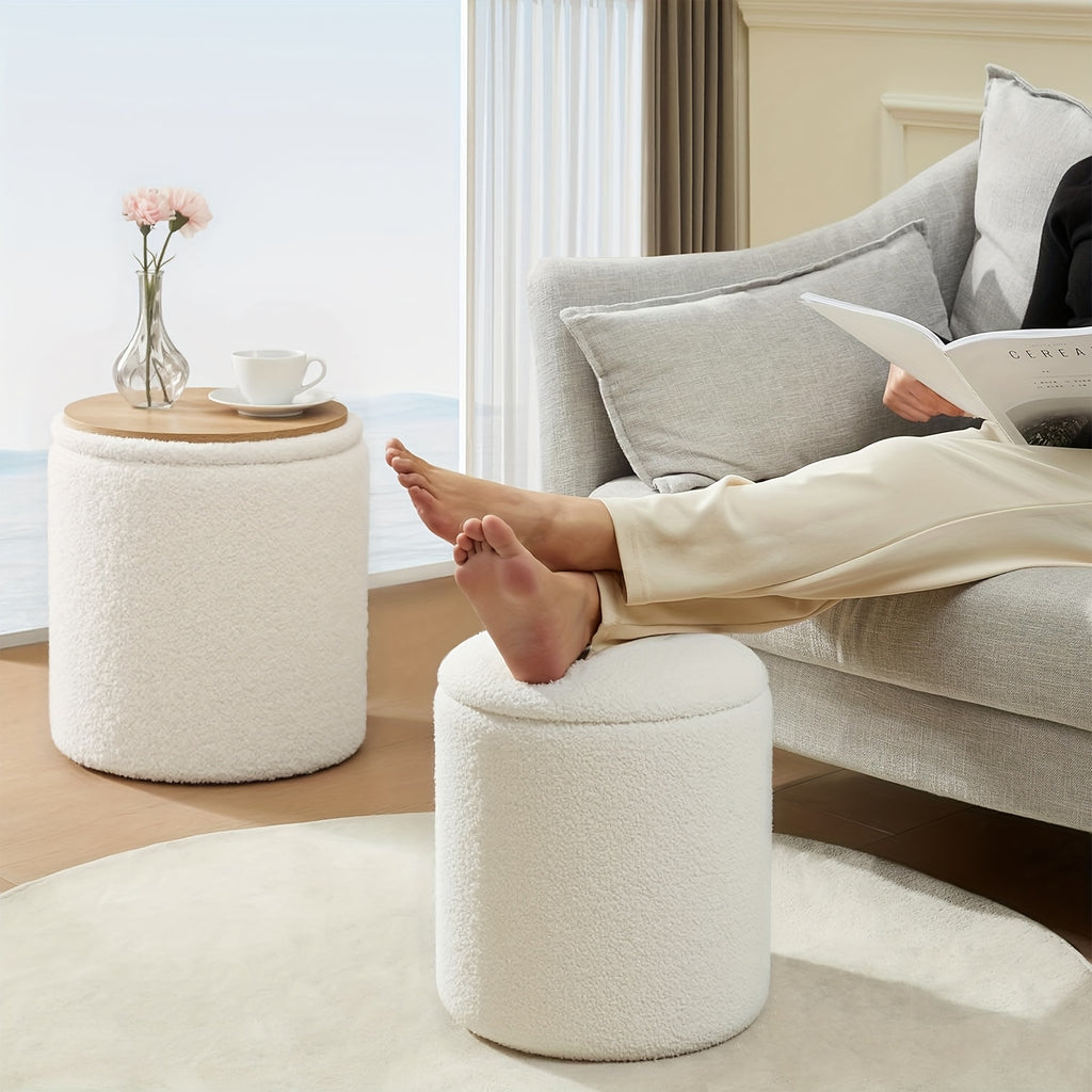 Small Round Storage Ottoman with Lid - Teddy Velvet Upholstered Footstool Suitable for Living Room, Compact Footrest with Hidden Storage, Cushioned & Frame for Bedside,, Small Spaces - Modern Multi-Use Ottomans