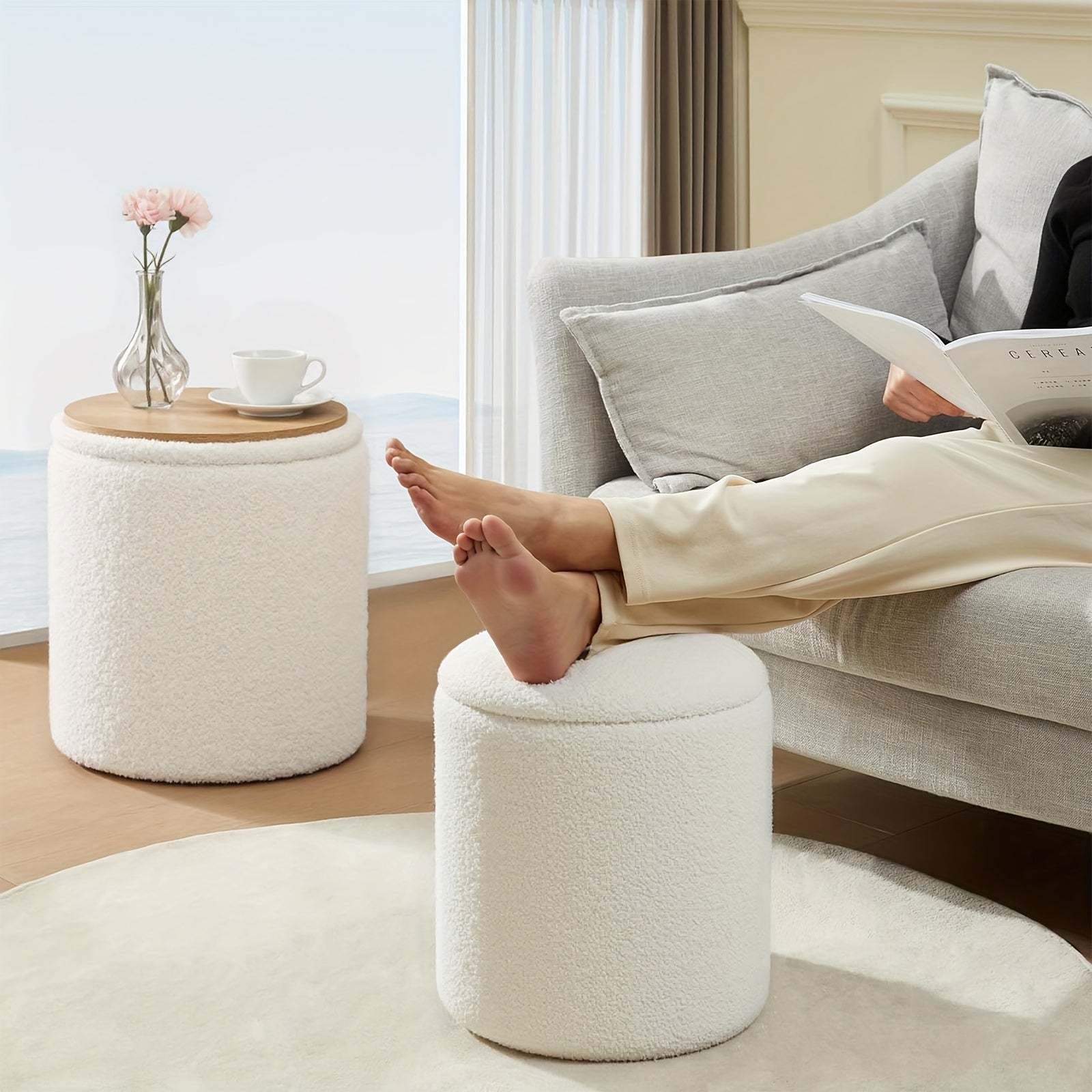 Small Round Storage Ottoman with Lid - Teddy Velvet Upholstered Footstool Suitable for Living Room, Compact Footrest with Hidden Storage, Cushioned & Frame for Bedside,, Small Spaces - Modern Multi-Use Ottomans
