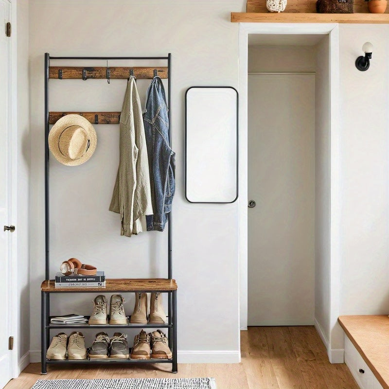 Industrial Coat Rack Hall Tree with Shoe Storage Bench, 3-in-1 Entryway Organizer for Clothes & Shoes, Steel Frame Space Saving Storage