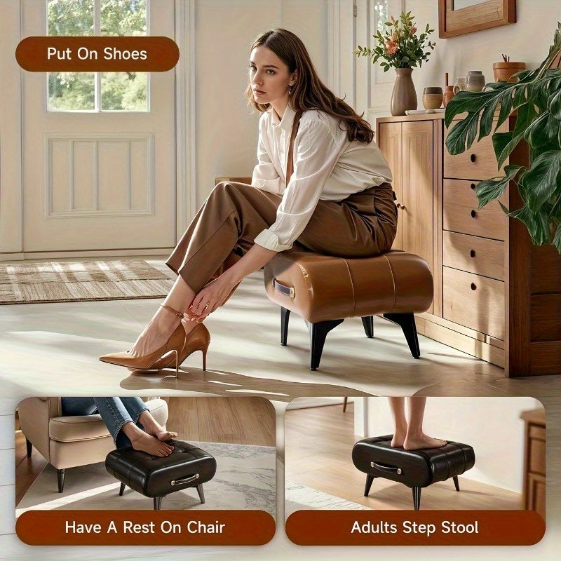 Wax Faux Leather Simulation Stool, Home  Square Stool, Picnic Stool, Faux Leather Hallway Stool, Luxurious Smooth Faux Leather Footstool, Modern Minimalist Black Synthetic Faux Leather Stool,  Brown Shoe Changing Stool