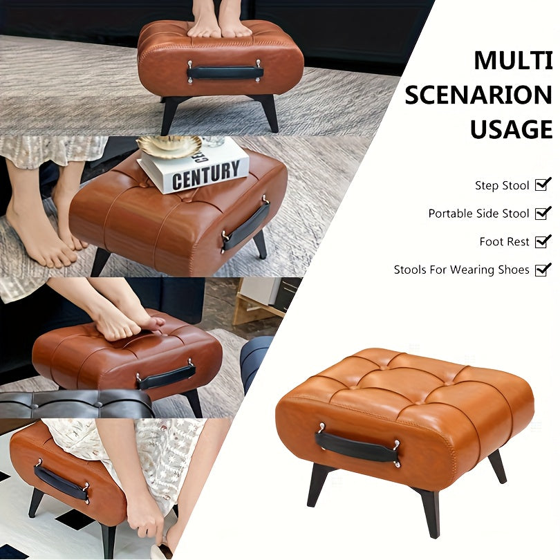 Wax Faux Leather Simulation Stool, Home  Square Stool, Picnic Stool, Faux Leather Hallway Stool, Luxurious Smooth Faux Leather Footstool, Modern Minimalist Black Synthetic Faux Leather Stool,  Brown Shoe Changing Stool