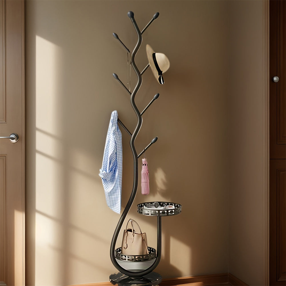 Metal Coat Rack Carbon Steel Coat Tree with 2 Storage Tray Freestanding Coat Rack Multi-Function Clothes Hanging Organizer Heavy Duty for Hats Coats Scarves Handbag