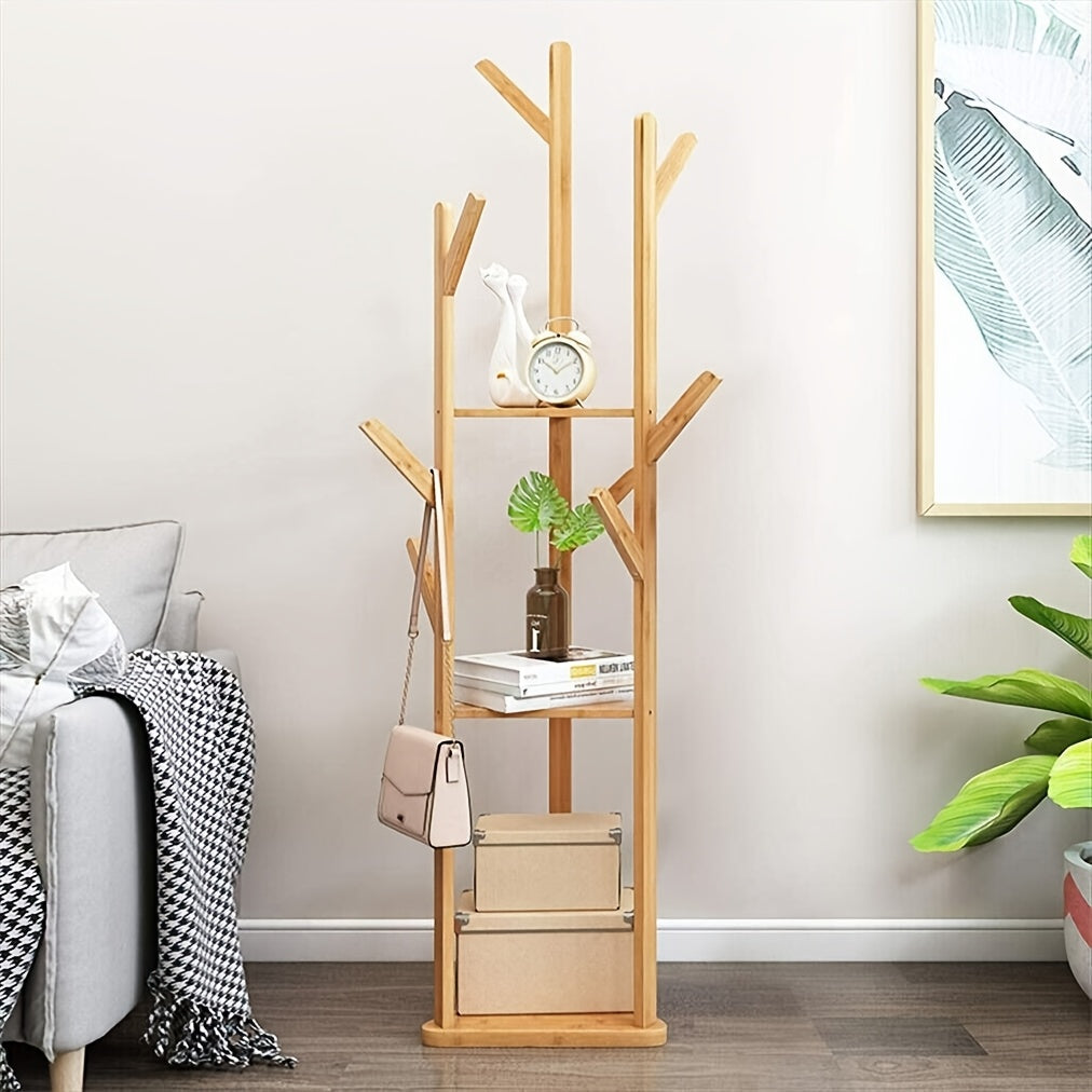 Bamboo Freestanding Coat Rack with 9 Hooks and 3 Storage Shelves, Easy Assembly Rotary Tree Stand for Entryway - Natural Wood Color