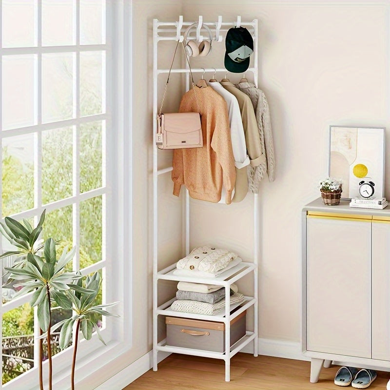 Space Magic Item! Must-Have for Small-Sized Living Rooms\u002FStorage Areas. Multi-Functional Corner Coat Rack with Upper Layer for Hanging Clothes And Lower Layer for Storage. Easy And Stylish Appearance, Perfect for Those Who Love Organizing