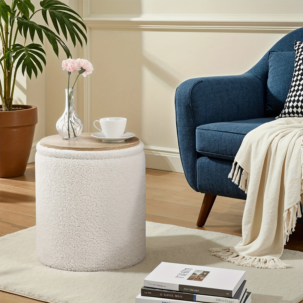 Small Round Storage Ottoman with Lid - Teddy Velvet Upholstered Footstool Suitable for Living Room, Compact Footrest with Hidden Storage, Cushioned & Frame for Bedside,, Small Spaces - Modern Multi-Use Ottomans