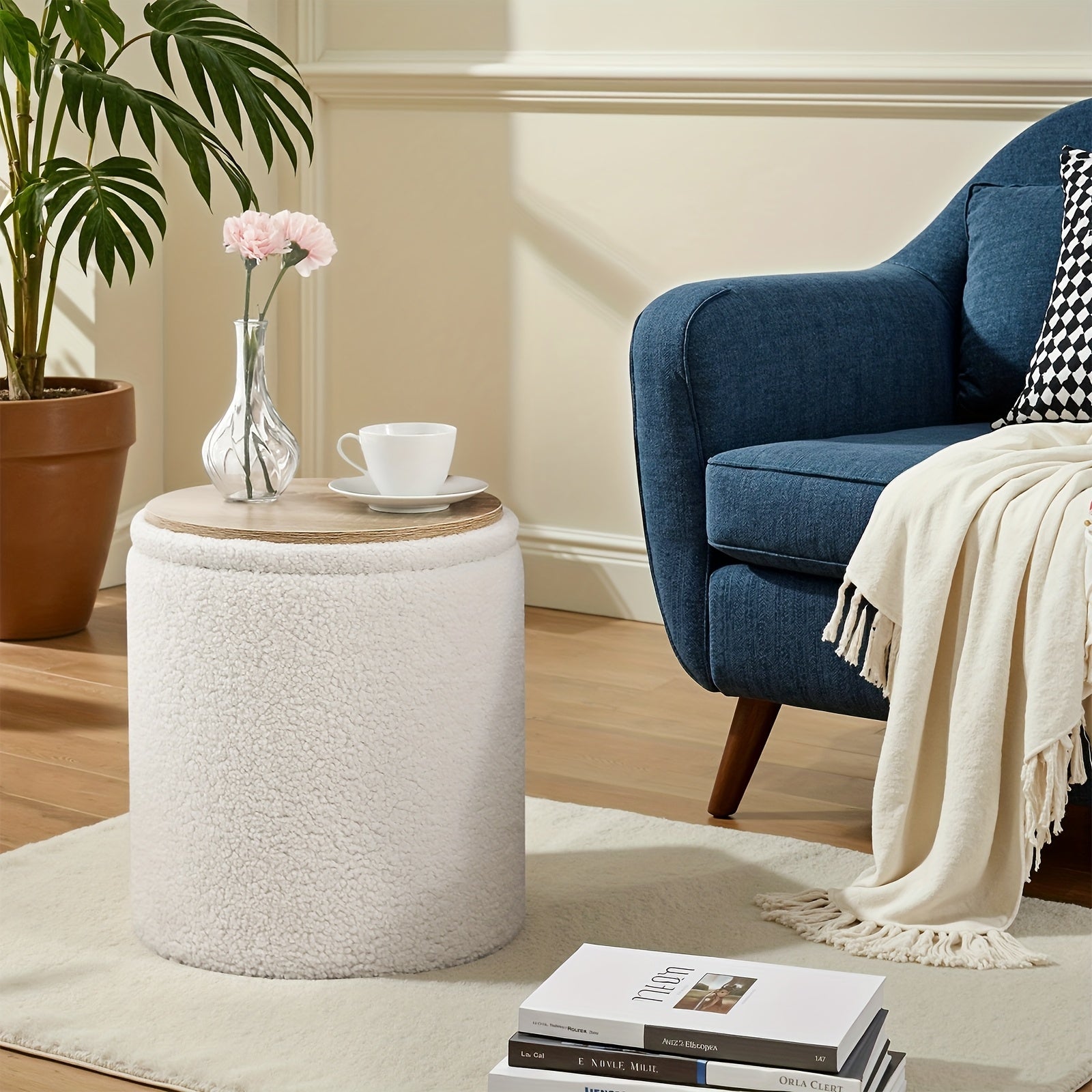 Small Round Storage Ottoman with Lid - Teddy Velvet Upholstered Footstool Suitable for Living Room, Compact Footrest with Hidden Storage, Cushioned & Frame for Bedside,, Small Spaces - Modern Multi-Use Ottomans