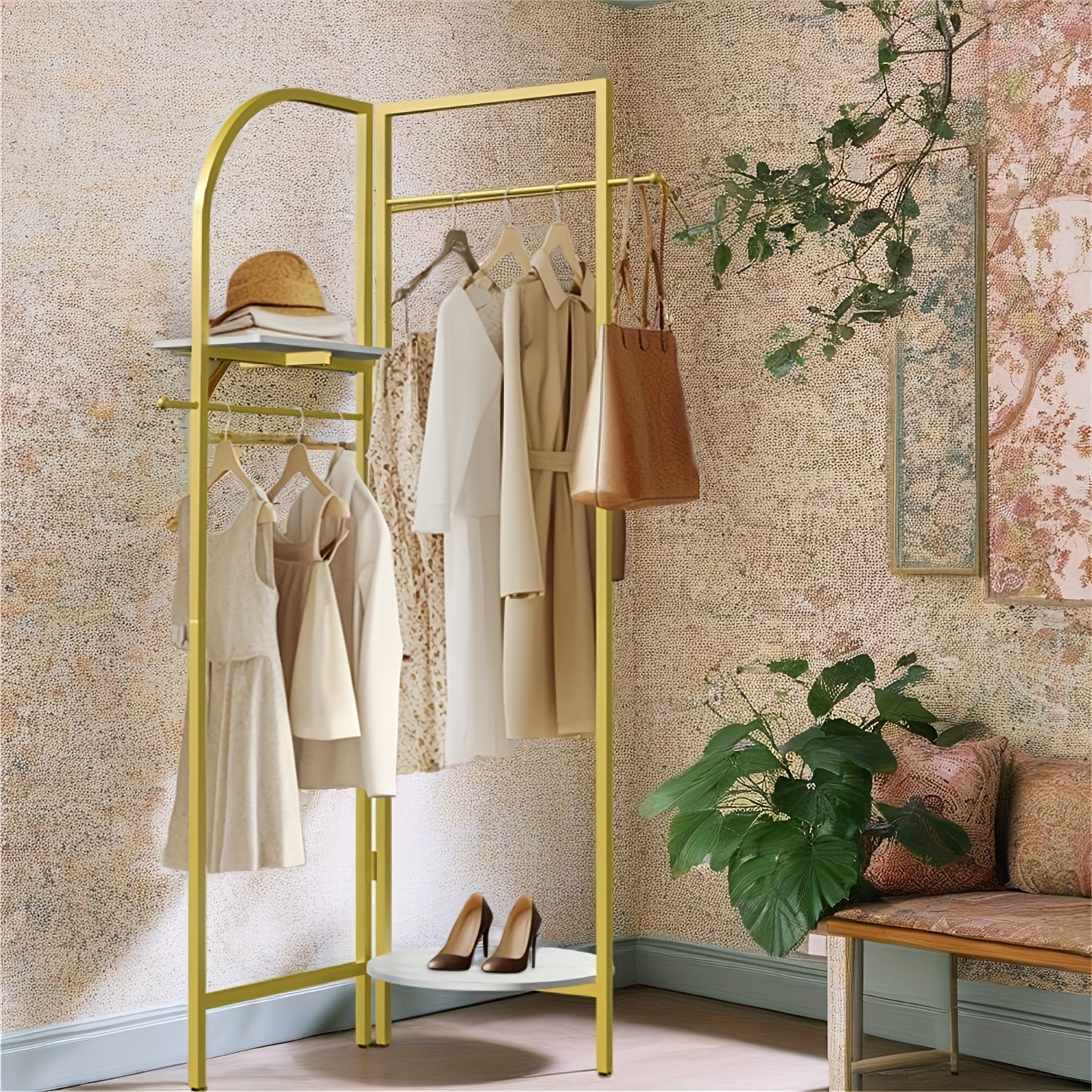 AESOME Heavy Duty Corner Golden Metal Clothing Racks Freestanding Clothes Racks Coat Rack With 2 Shelves Angle Adjustable Design Unique Garment Racks Display Racks For Hanging Clothes