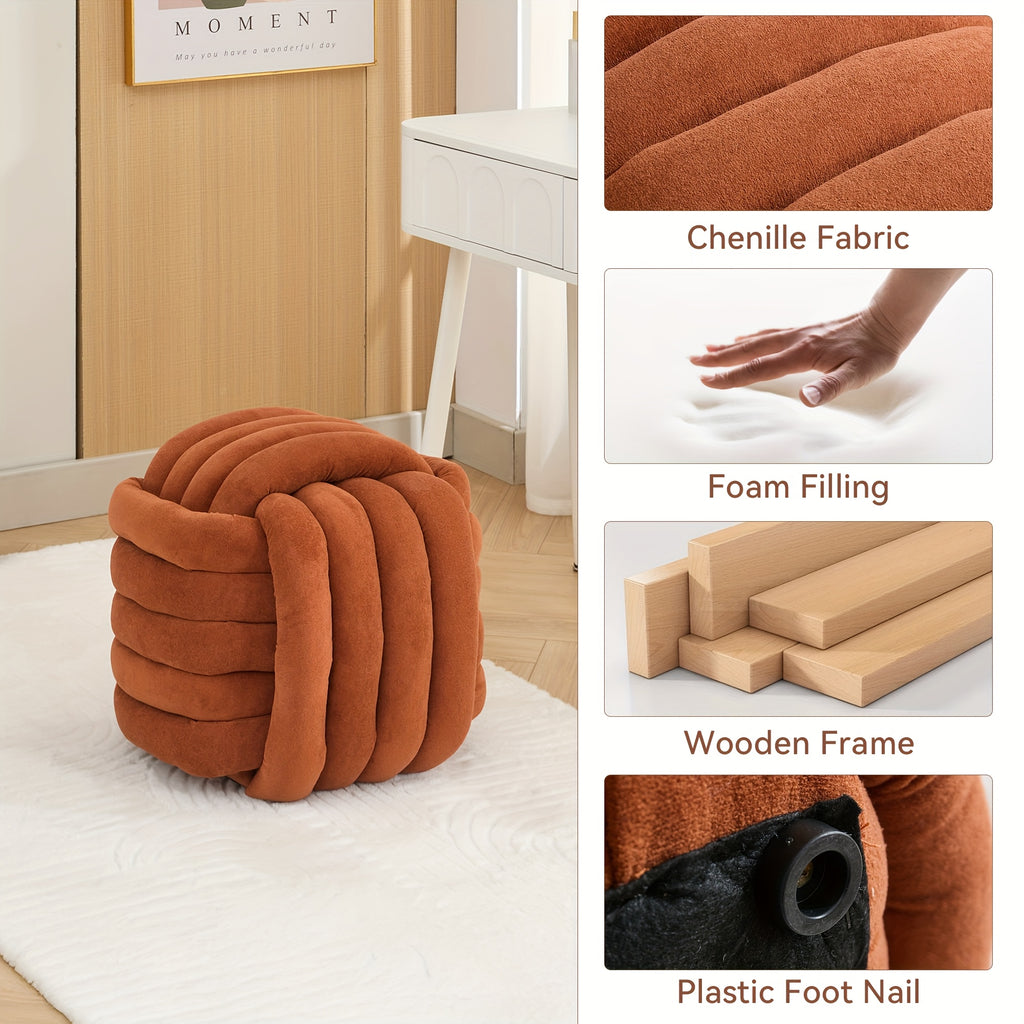 Modern Chenille Fabric Knotted Ottoman Footrest - Orange Plush Stool with Hardwood Frame, Freestanding Compact Design (\u003C27\